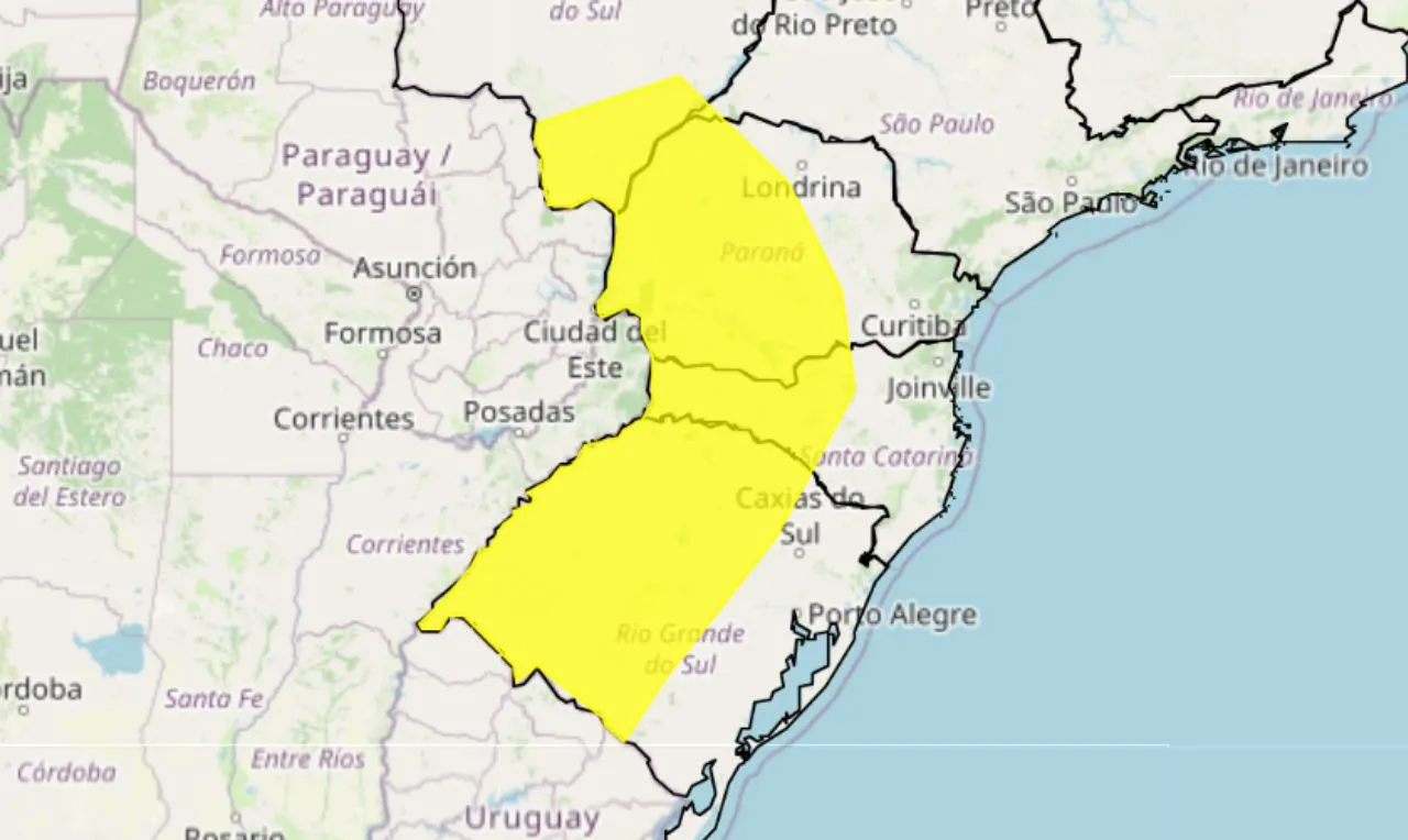 O mapas mostra as &aacute;reas em alerta para chuva intensa